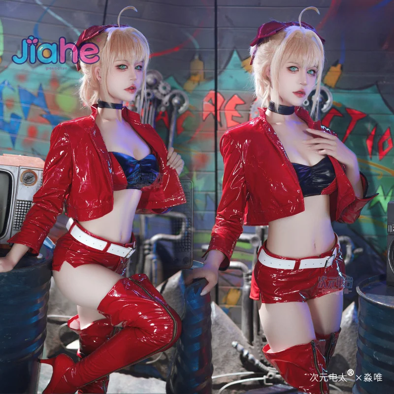 Fate/Extra FGO Stronger Saber Nero Cosplay Garage Kit Costume Collana in pelle giacca pantaloni corsetto Halloween donna sexy set rosso