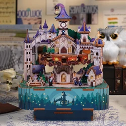 DIY 3D Wooden Magic Castle Music Box Miniature Model Kits Jigsaw Puzzles Train Can Move for Children Birthday Gifts Home Decor