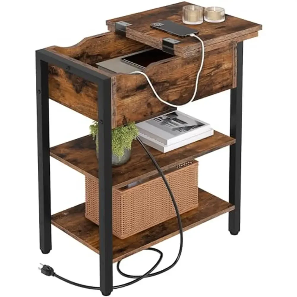 Charging Station End Table Flip Top Nightstand USB Shelf Small Side Table Bedside Tables Display Storage Home Office Metal Wood