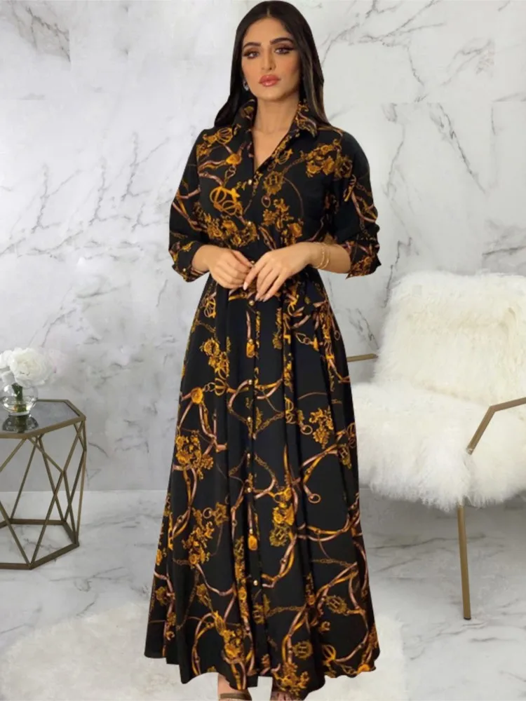 Spring Autumn Women's New Sexy Fashion Digital Printed Single Breasted Women's Casual Long Sleeved Long Shirt Collar Dress