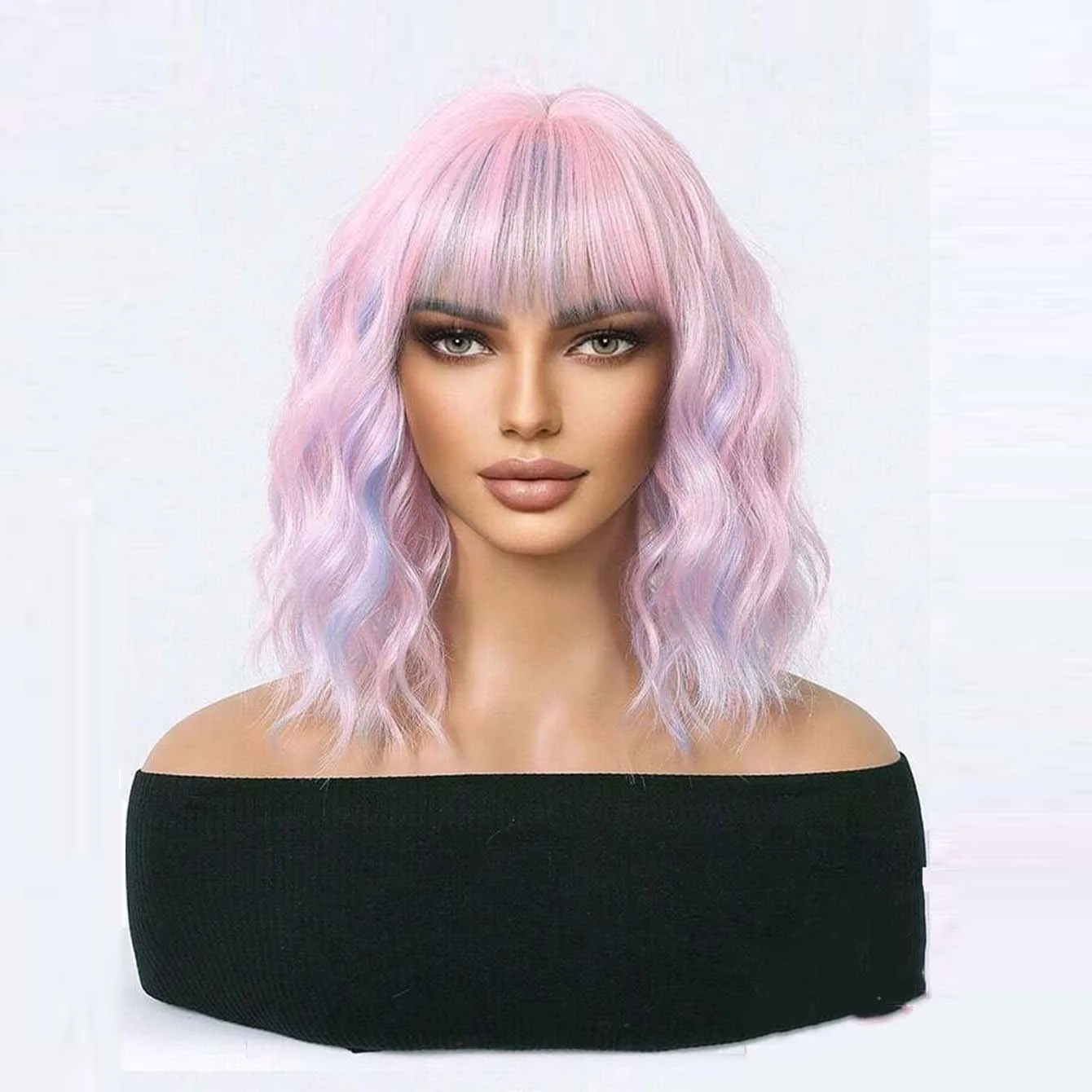 14Inch Pink Mixed Purple Double Color Synthetic Wigs With Bang Short Wavy Hair Wig for Women Daily Use Cosplay Heat Resistant