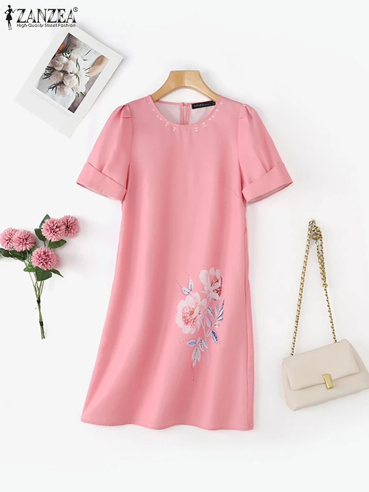 ขนาดบวก 5XL ZANZEA ฤดูร้อนผู้หญิงโบฮีเมียนดอกไม้พิมพ์ชุดมินิเดรสแฟชั่นแขนสั้นปาร์ตี้สั้นหรูหราเดรส
