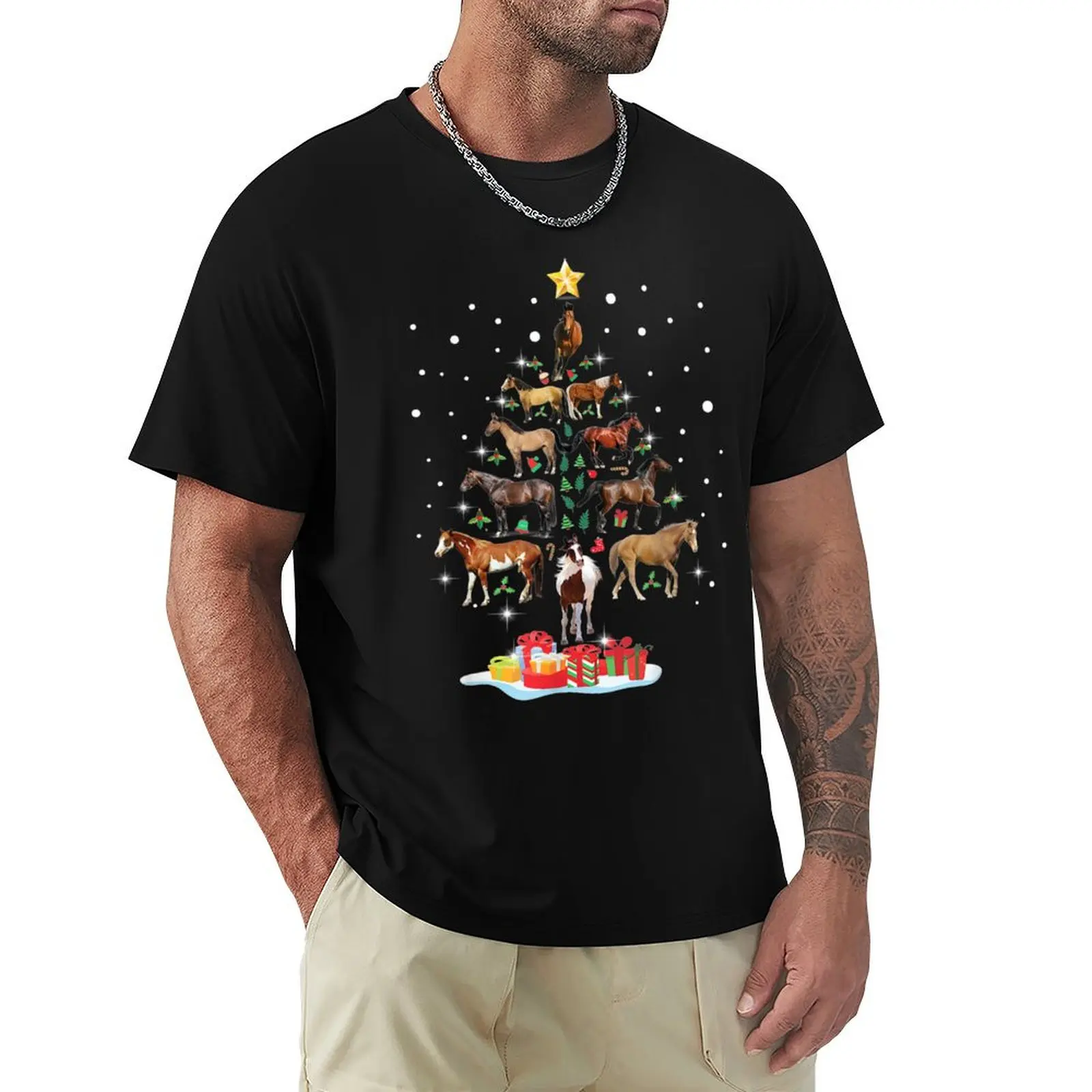 Horse Tree Christmas Horses Xmas Gifts T-Shirt Large Size Loose Casual Tee