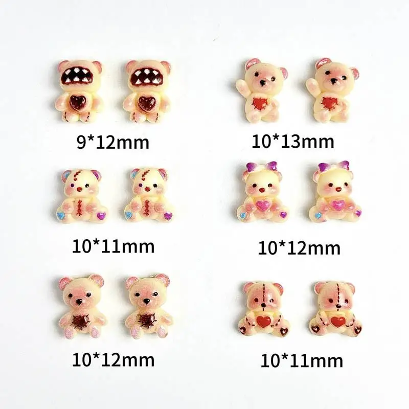 50PCS Kawaii Cartoon Heart Bear Nail Art Decoration Cute Powder Blusher Bear Resin Nail Charms DIY Nail Hairpin  Accessories