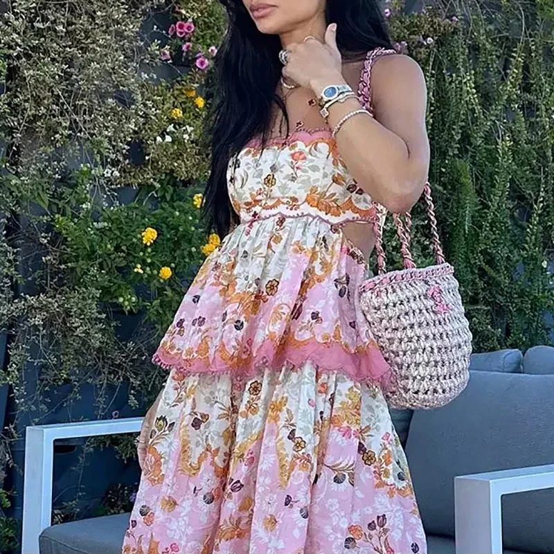 

Sexy Off Shoulder Hollow Women's Suspender Dress Summer Fashion Ruffle Layered Cake Dress Summer Floral Print Garden Party Dress