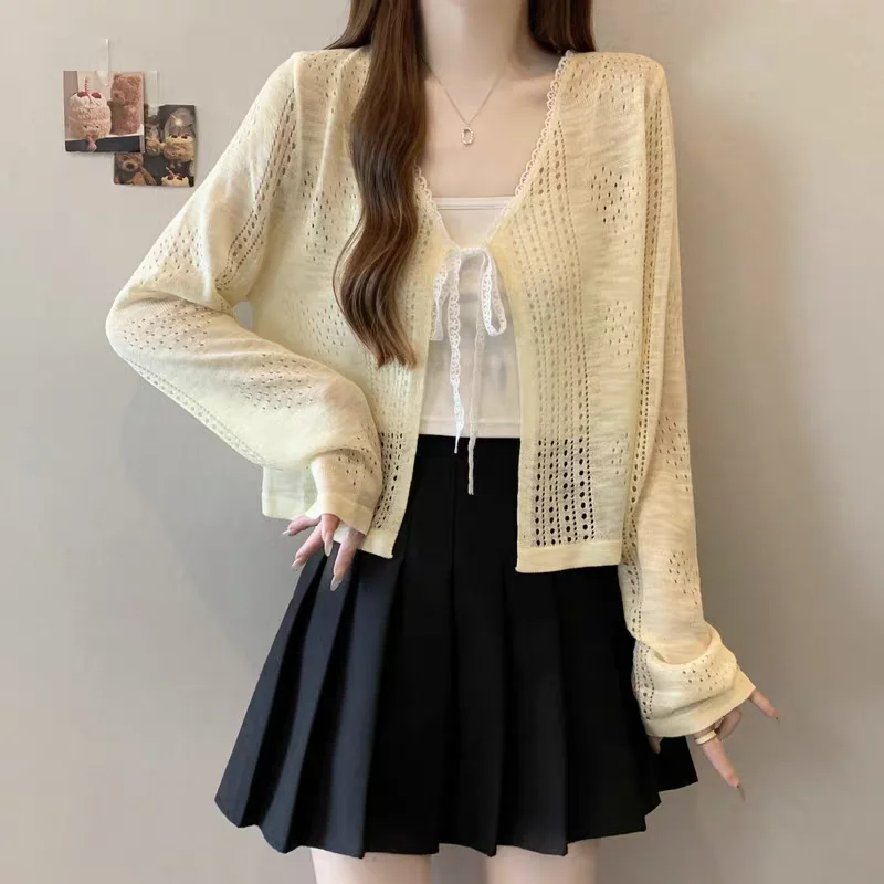 

2026 Summer Women's Thin Shawl Sleeveless Knitted Top with Belt UV Protection Loose Fit V-Neck Short Length Fashion Outerwear