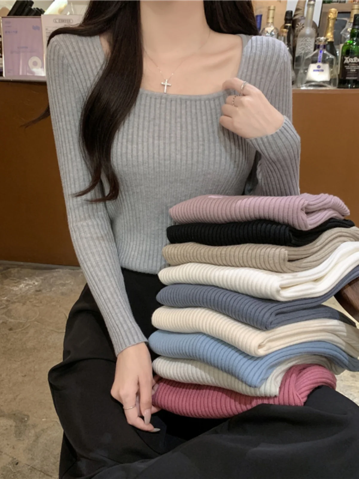 

Женский вязаный базовый однотонный облегающий свитер с большим воротником, однотонный весенне-осенний модный простой повседневный свитер для поездок на работу