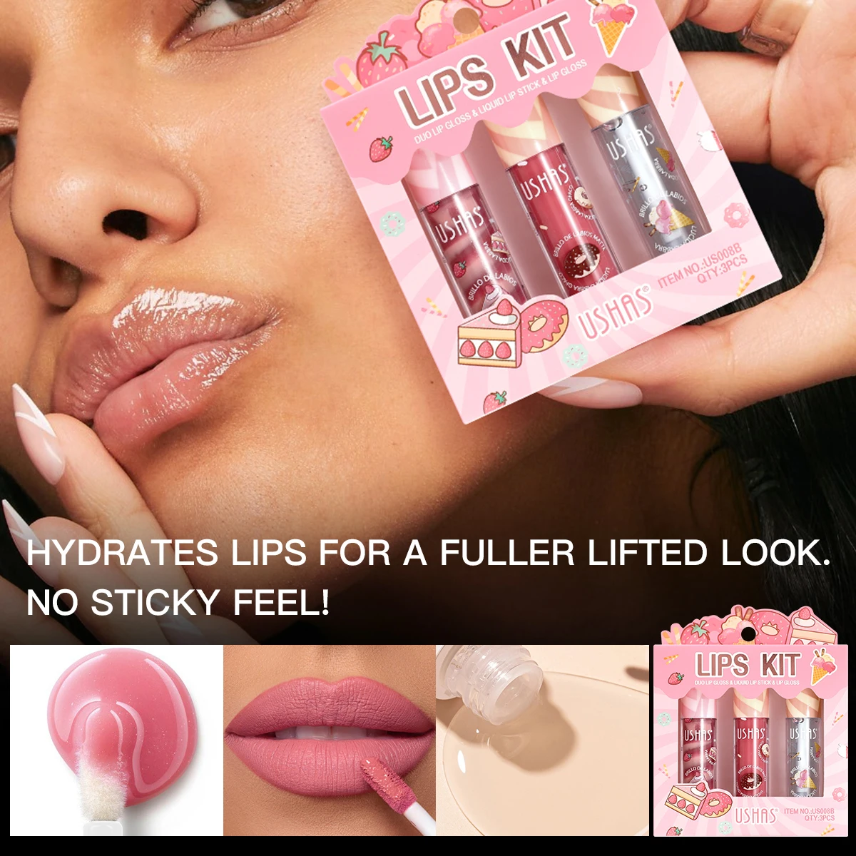 USHAS, conjunto de 3 peças, kit de cor labial - cor labial rotativa + cor labial líquida + cor labial brilhante, protetor labial hidratante anti-rachaduras