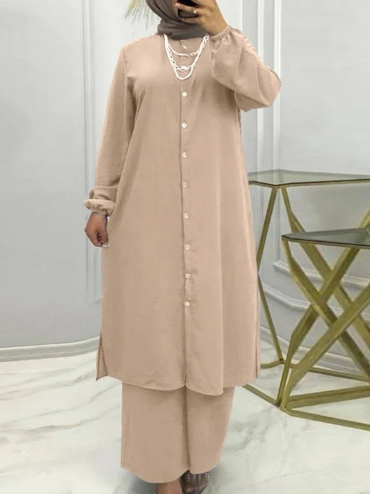 Eid Moslim Set Vrouwen 2 Delige Shirt Blouses Wijde Pijpen Broek Musulman Ensemble Dubai Casual Arab Ramadan Kaftan 2024 Outfit Pakken