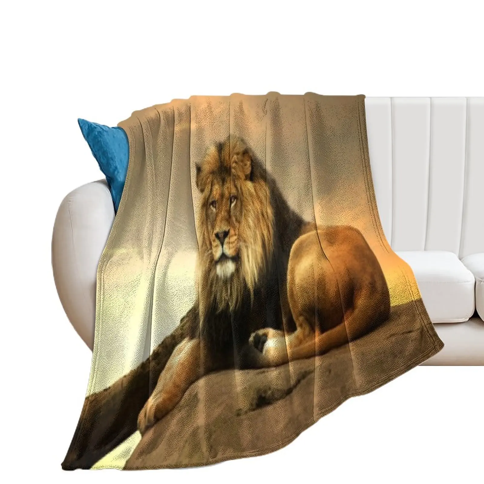 

Male lion is sitting on sunset Throw Blanket Bed linens Sofas Softest Blankets For Sofas Blankets