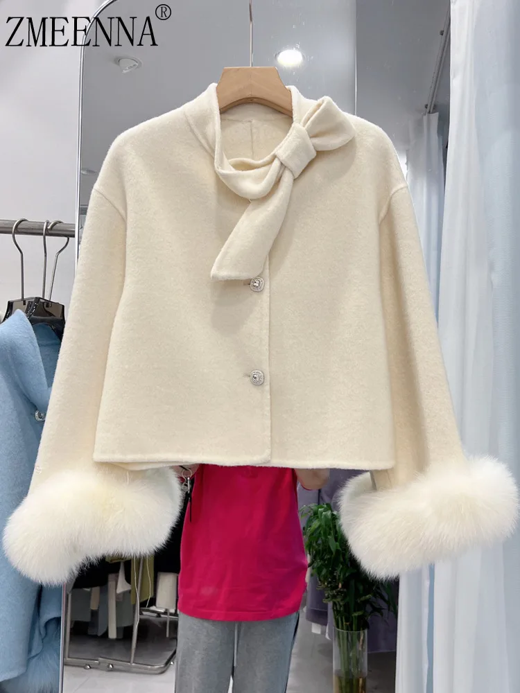 ZMEENNA Damen-Kurzmantel aus elfenbeinfarbener Wollmischung, abnehmbarer Krawatten-Schal, Kunstpelz-Manschette, einreihige Winterjacke, elegant, ZM4404