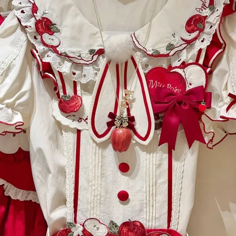 

Рубашка в стиле Лолиты, женская японская кавайная лоскутная блузка с воротником Питера Пэна и короткими рукавами, летняя милая блузка на пуговицах с оборками