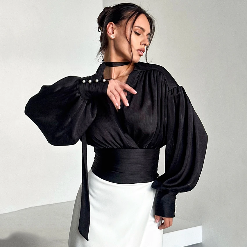 

Linad Elegant Black Lantern Sleeve Woman Blouse Street Chic Pleated Scarf Collar Shirts 2026 Spring Fashion Buttons Ladies Tops