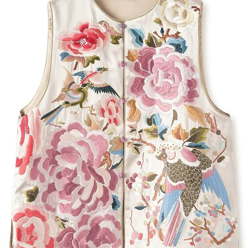 الأزهار المطرزة الحرير الحرير الجاكار سترة المرأة الرجعية الصينية خمر العرقية نمط بلوزات بلا اكمام المتضخم