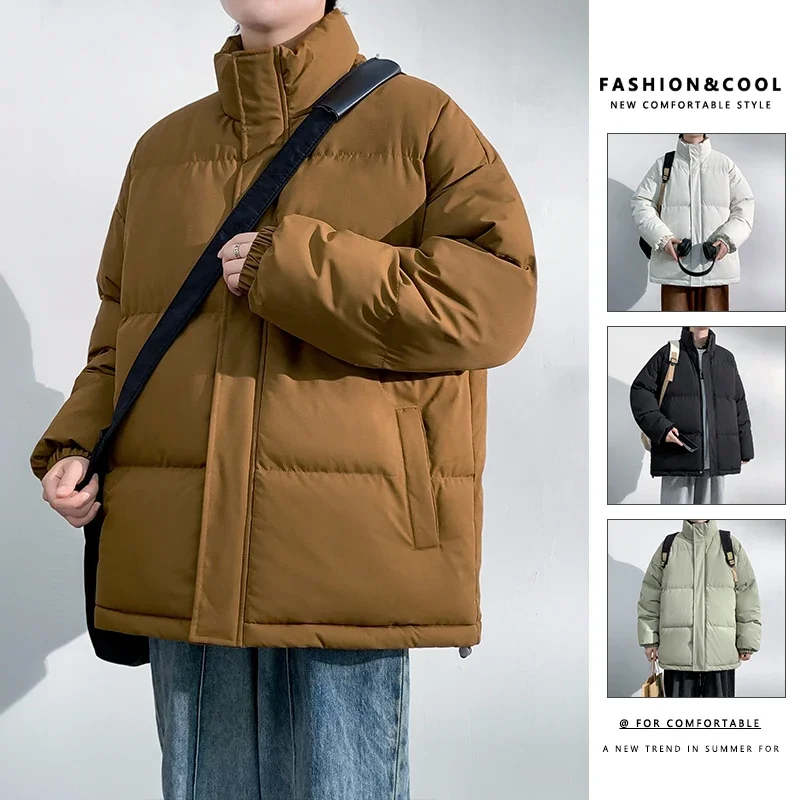 

New Autumn Winter Down and Cotton Jacket Men Baggy Stand Collar Solid Color Quilted Down Jacket Mens Fashion Men Clothing
