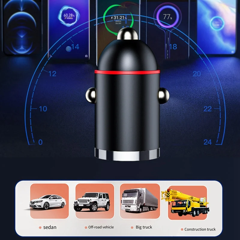 Portas duplas Mini USB Car Charger, carregamento super rápido, adaptador de carga do telefone, soquete mais leve, fácil de usar, 12-24V, 100W