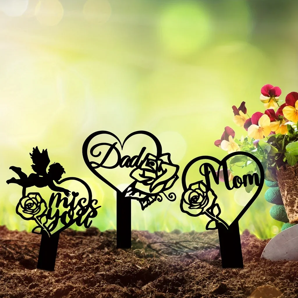 1pc Memorial Yard Markers Heart Memorial Plaque Stake Sympathy Grave Plaque Stake Cemetery Garden Stake Memorial Metal Grave