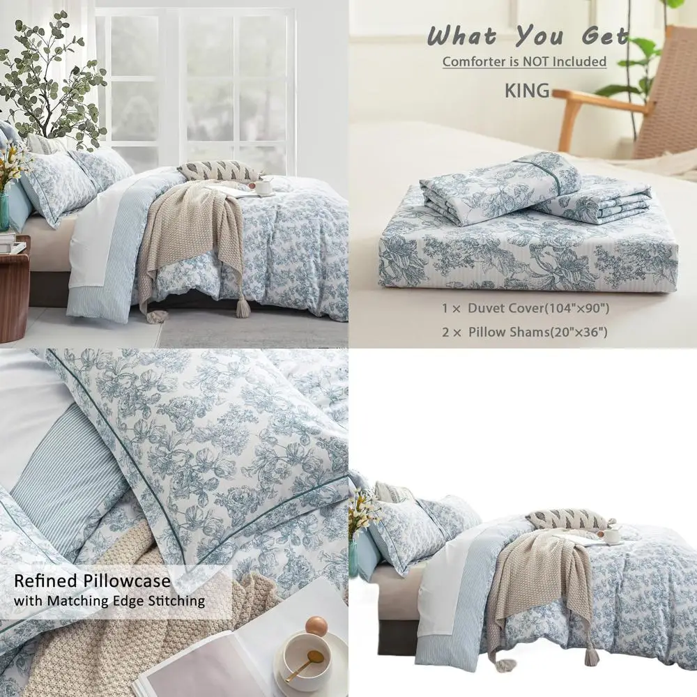 

Винтажный пододеяльник из 100% хлопка, королевский размер, 3 шт. — элегантный бледно-голубой цветочный узор на белом со светло-голубой и белой полоской