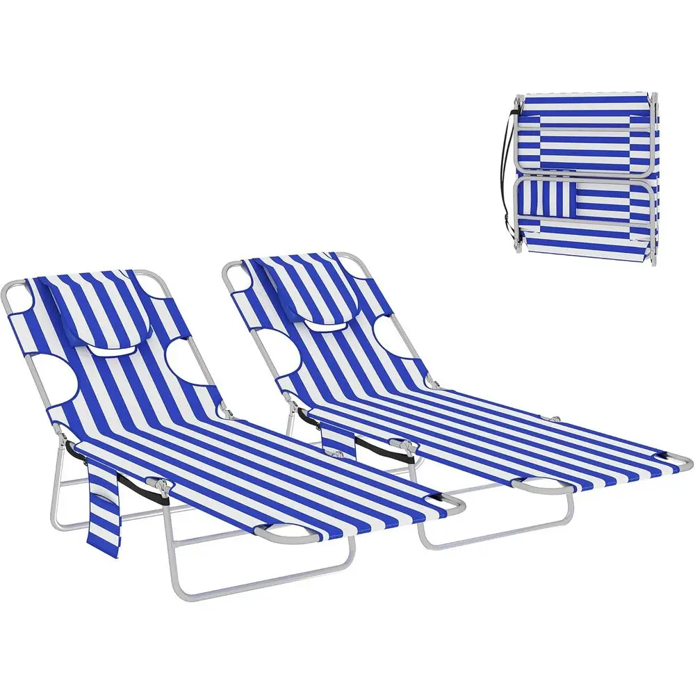 

2-Piece Outdoor Chaise Lounge Set with Arm Holes, 5-Position Reclining, Portable Beach Bed, Blue Stripe