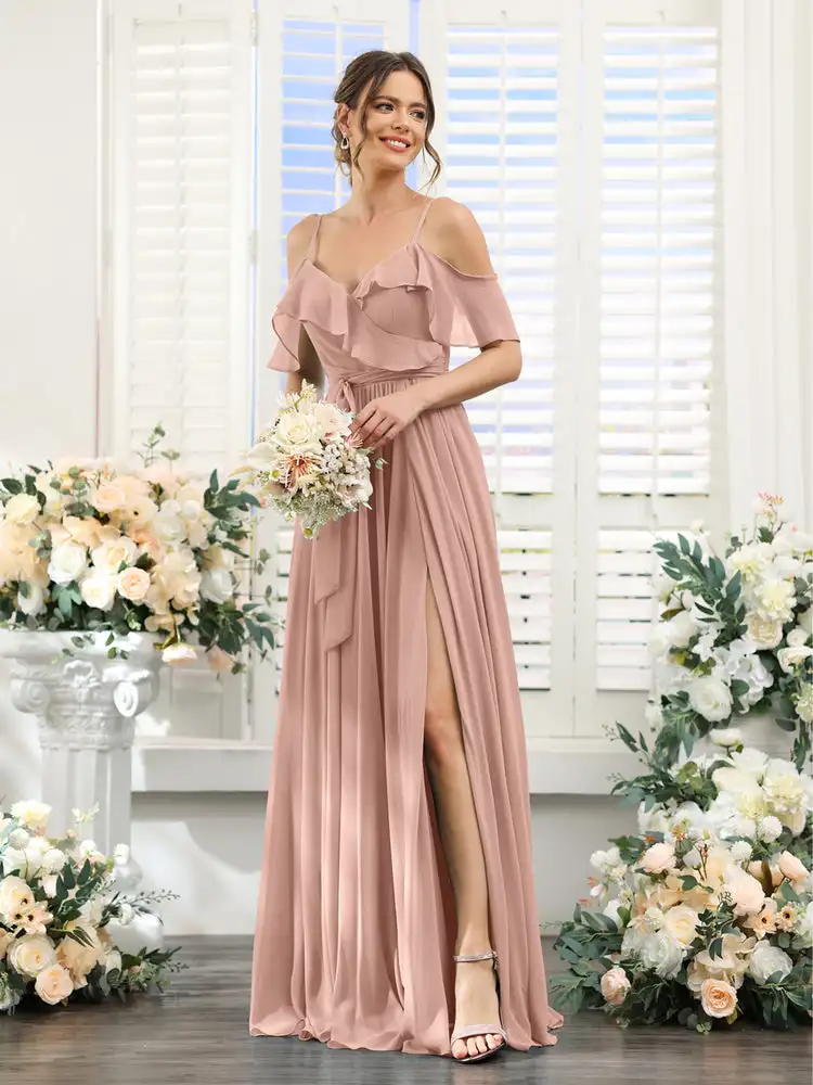 Chiffon Off the Shoulder Ruffles A-Line Bridesmaid Dresses V-Neck Spaghetti Straps Backless High Slit Formal Evening Prom Gowns