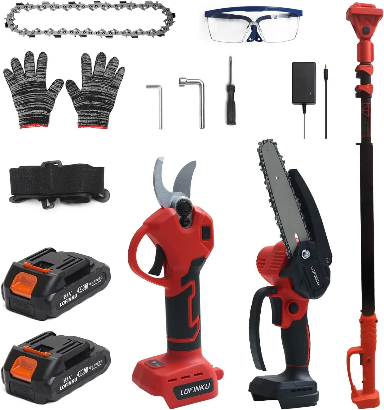 

Electric Pruner Kit, 3 in 1, Max 8 ft, 2 Pcs Batteries, 6 inches cordless chainsaw & electric pruning shears with Max 8 ft Exten