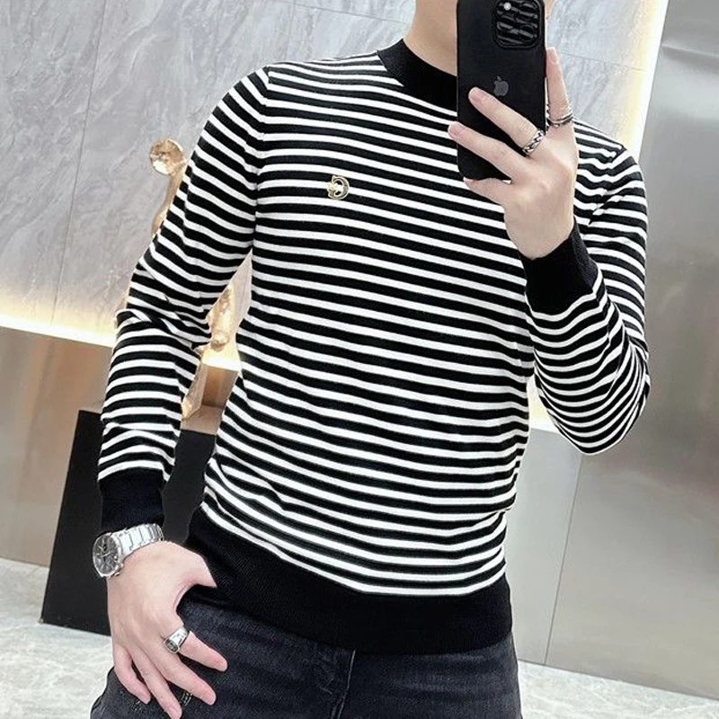 Men Clothing Autumn Winter Korean Fashion Striped Embroidery Long Sleeve T-shirt Y2K Male Casual O Neck Slim Basic Pullover Tops