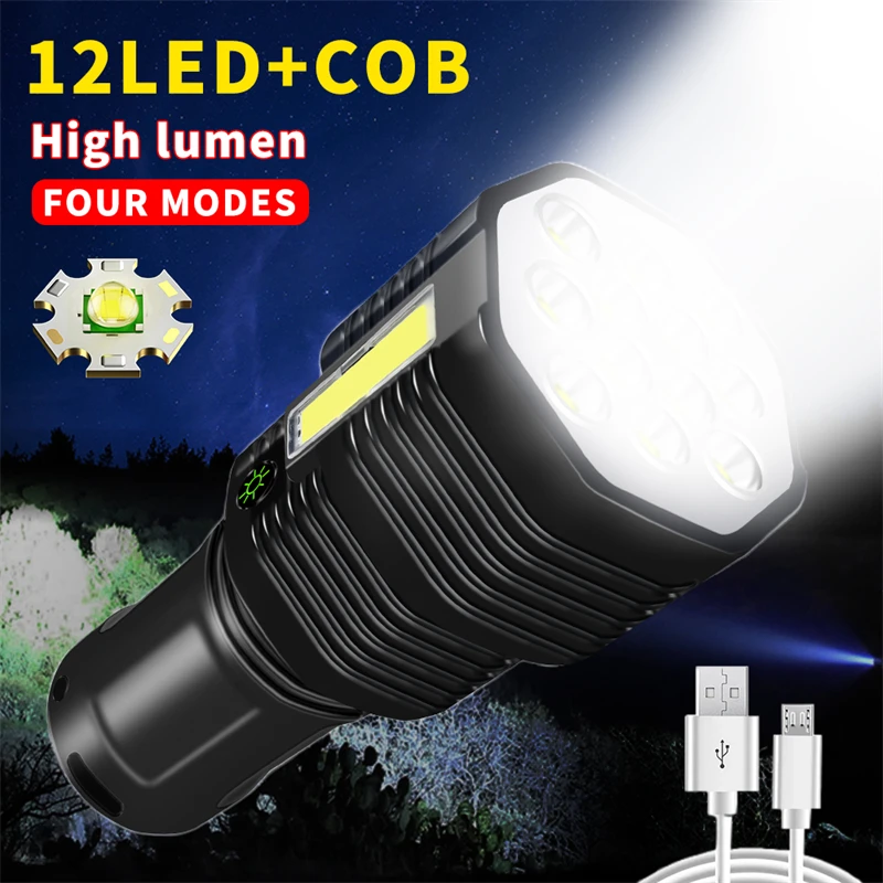 Bright 12 LED Flashlight with COB Side Light USB Charging Emergency Toch Smart Electric Display 18650 Battery Lamp Work Light