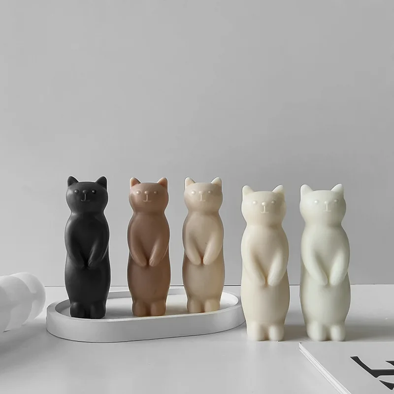 Cute 3D Smiling Cat Silicone Candle Mold Standing Cat Aromatherapy Gypsum Resin Mould DIY Soap Chocolate Cake Baking Tools