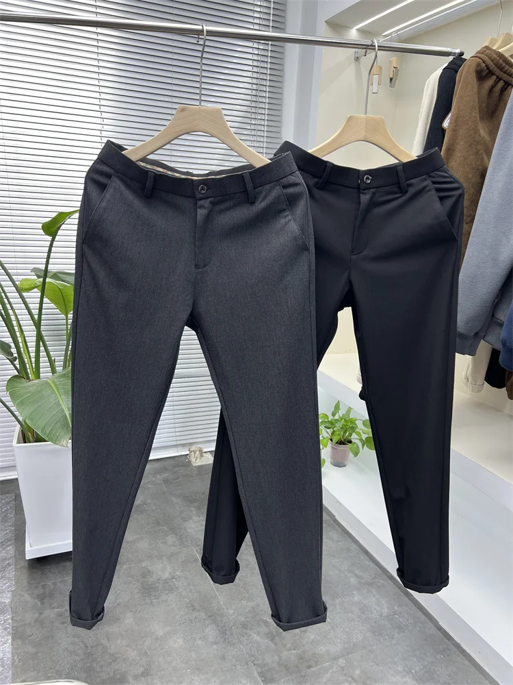 

Модные городские шерстяные мужские повседневные брюки с прямыми штанинами, осень-зима, облегающие брюки для поездок на работу, чистый цвет