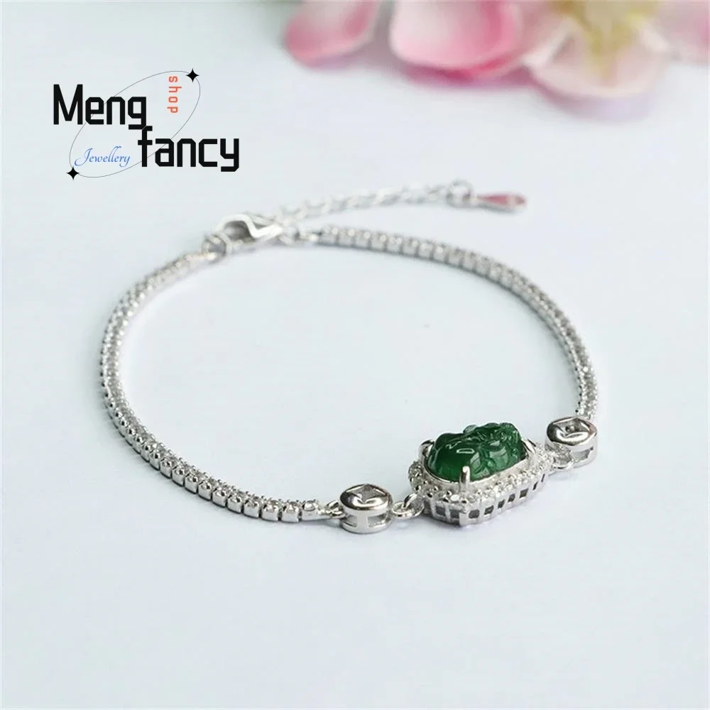 

S925 Silver Inlaid Natural Jadeite Ice Type Imperial Pixiu Bracelet Exquisite Elegant High-grade Couple Luxury Fashion Jewelry