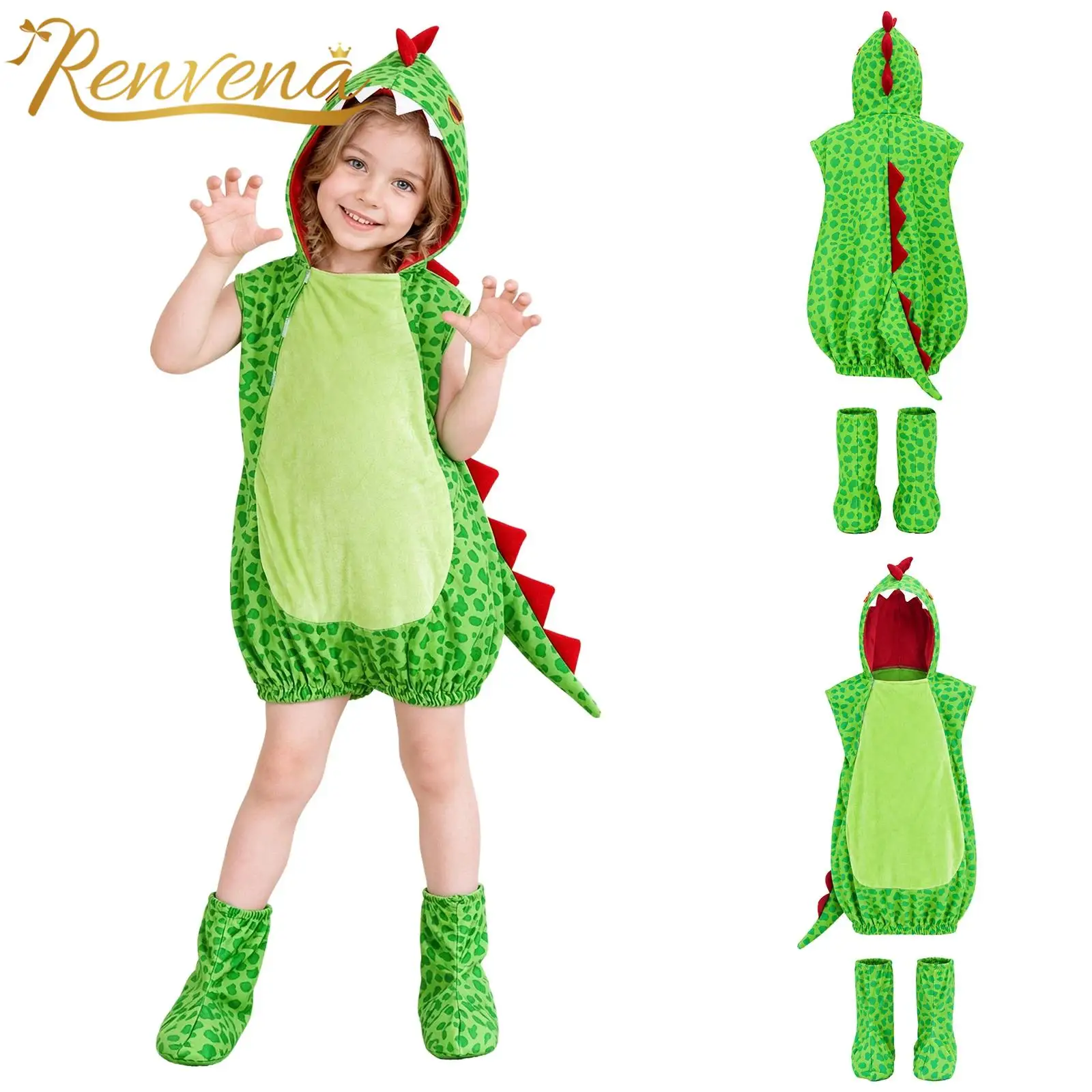 Kids Animal Outfit for Cosplay Halloween Performance Outfit Boys Girls Dinosaur Costume Sleeveless Hooded Romper with Faux Tail