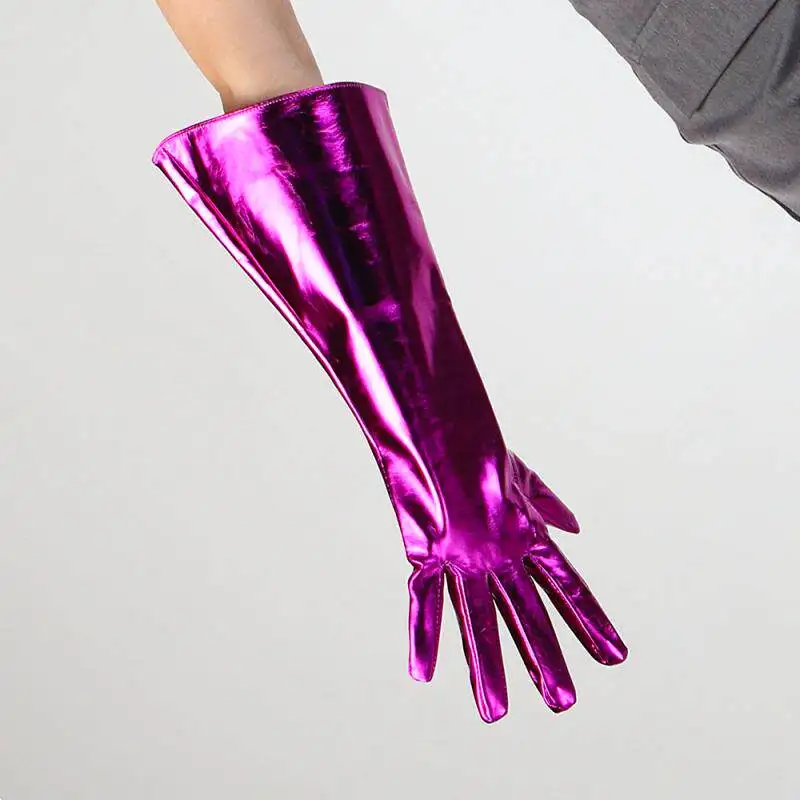 15 Zoll (38 cm) lange modische Handschuhe aus Kunstleder, PU, hellviolett, Lavendel, Flieder, Puffärmel, weit, locker, große Größe, Nachtclub, sexy – Detail 26