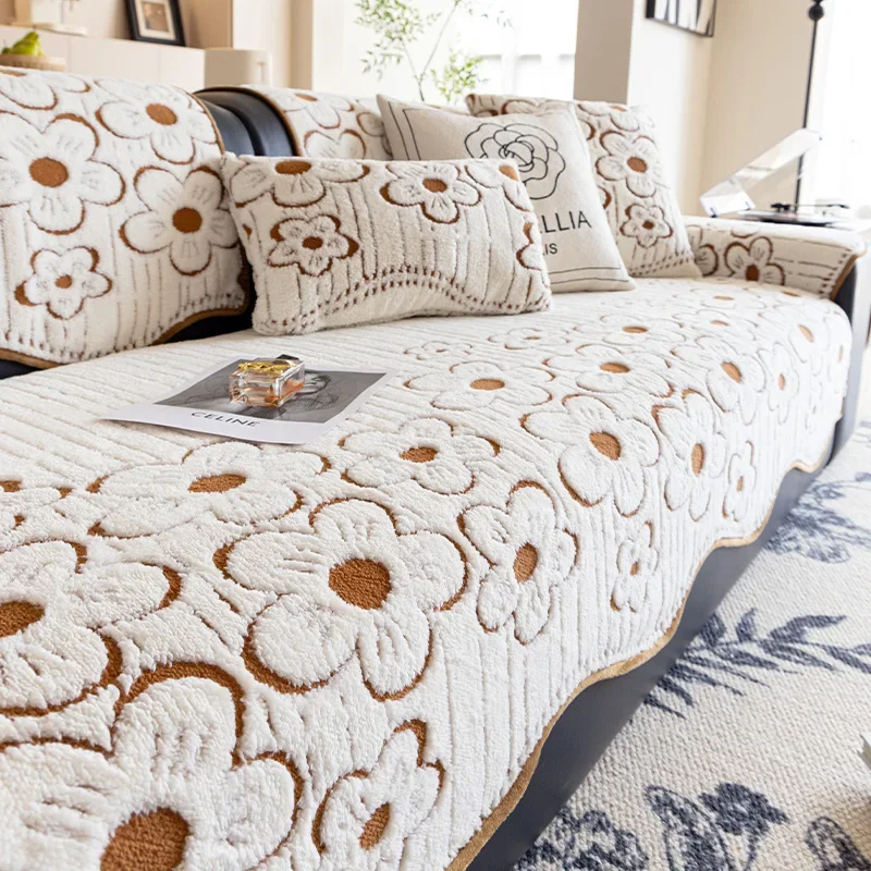 Luxury Flower Jacquard Soft Sofa Cushion Irregular Thick Plush Couch Slipcover Warm Anti Slip Home Accessories for All Seasons