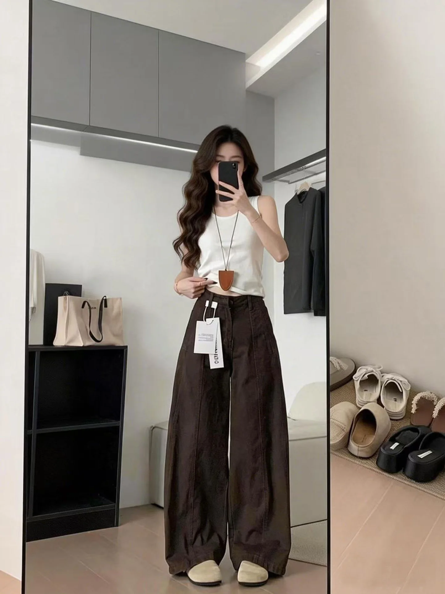 

Утягивающие женские джинсы с высокой талией в американском стиле ретро кофейного цвета, прямые свободные широкие брюки длиной до пола, осень-зима