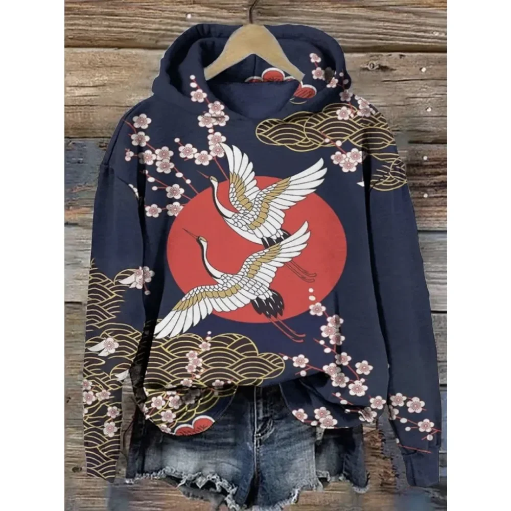 Damska japońska bluza z nadrukiem żurawia i kwiatu wiśni Przytulna bluza z kapturem Harajuku Bluzy z kapturem Oversize Casual Pullover Old School Outfits Tops
