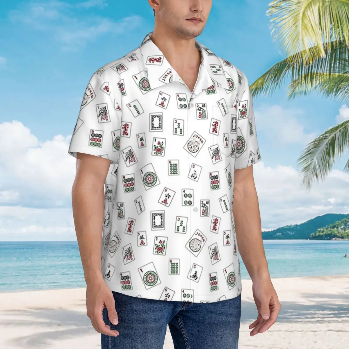 

White Mahjong Hawaiian Shirts Fashion Men Short Sleeve Shirt for Summer Beach Men's Lapel Tops