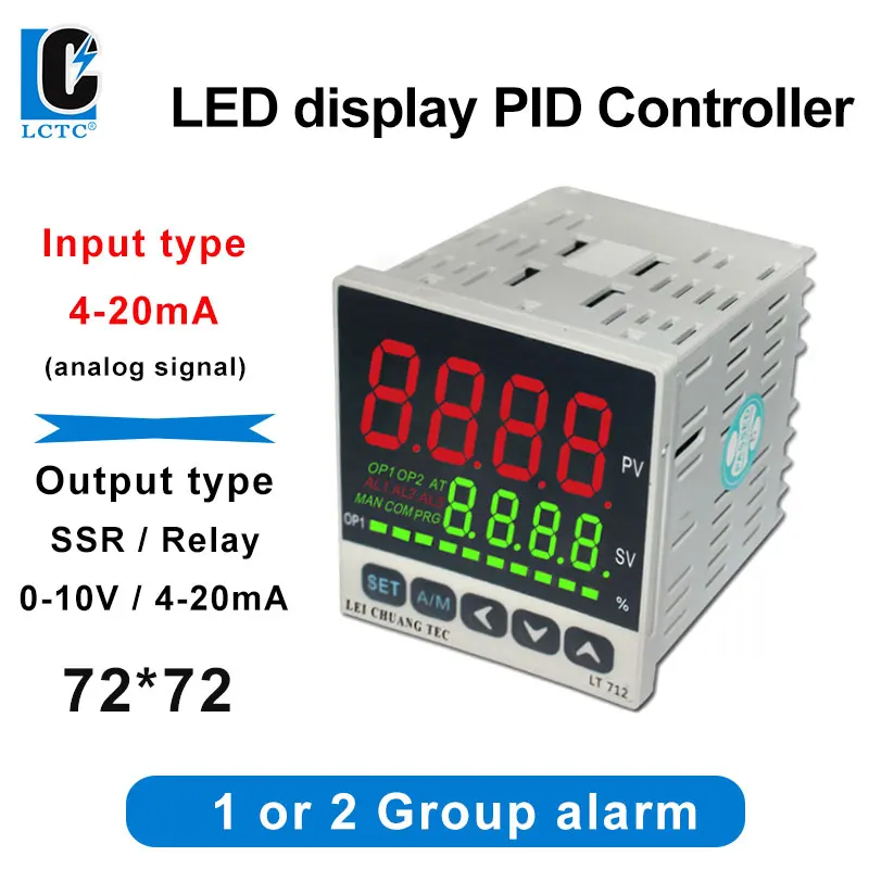 

LCTC PID Temperature Controller 4-20mA Input 4-20MA 0-10V SSR Relay Output PID Regulator Digital Display LED 72*72 LT712