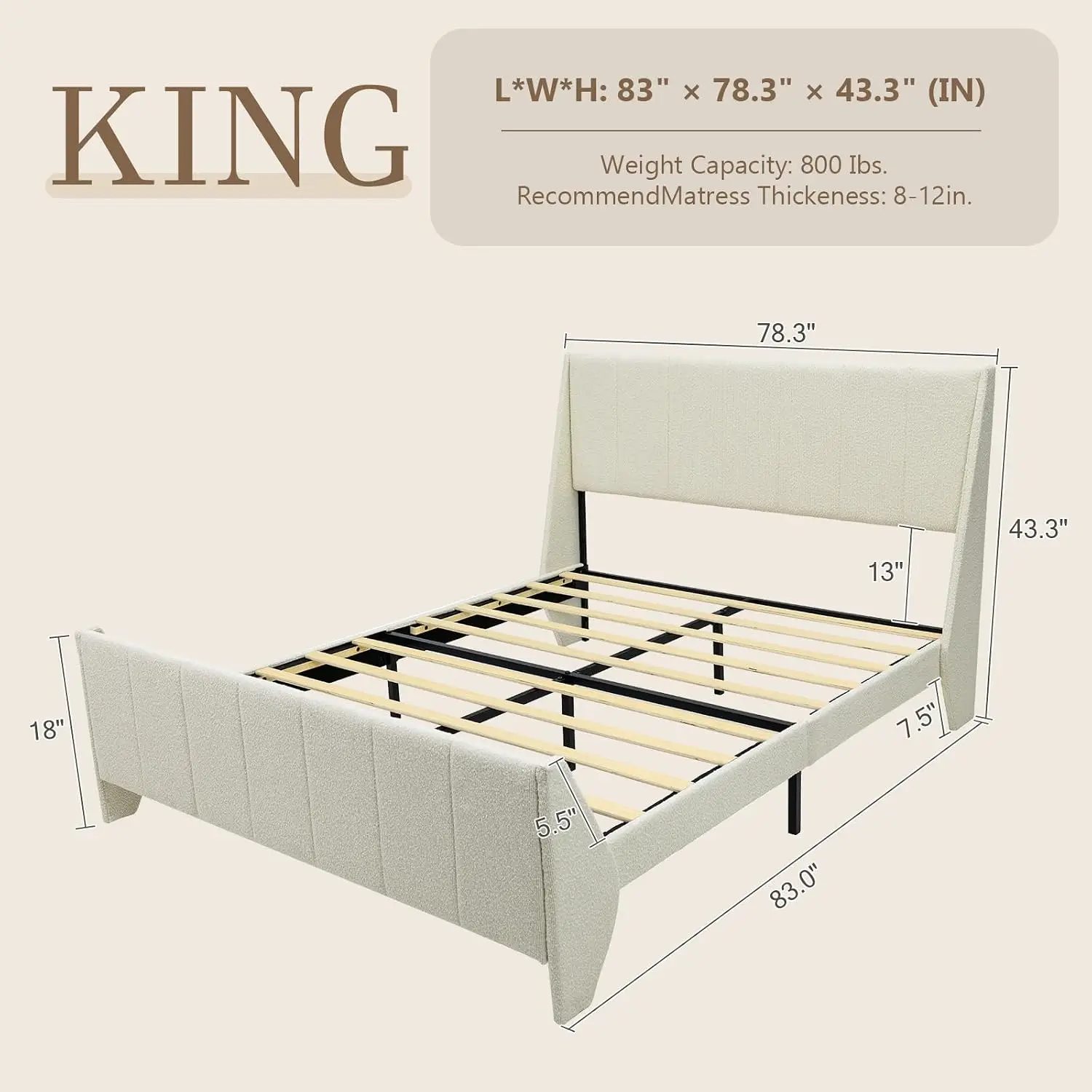 Boucle Upholstered Wingback Platform Bed Frame, No Box Spring Needed, Easy Assembly, Wooden Slats Support, King Size, Customized