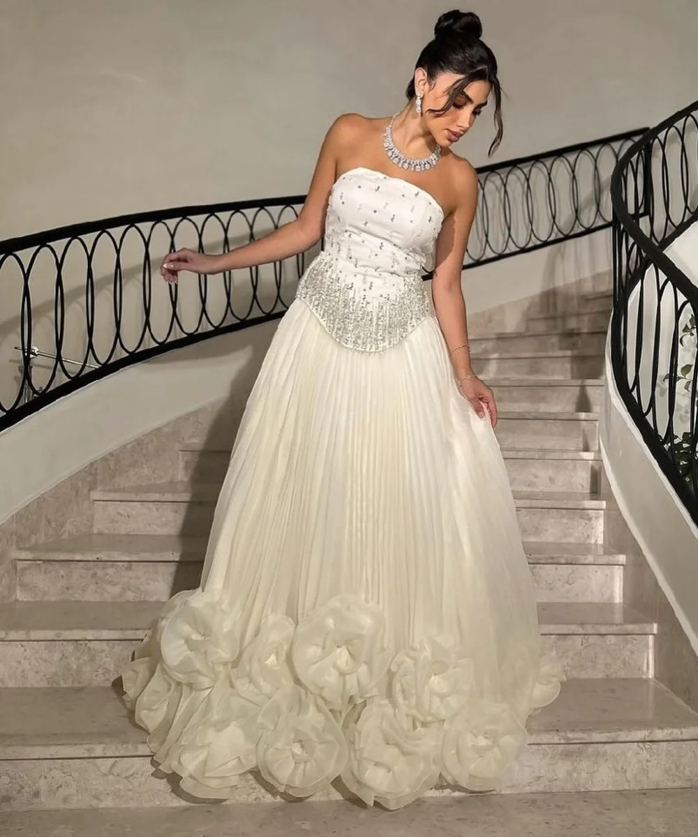 Customized Exquisite Organza Sequined Pleat A-line Strapless Long Dresses Bespoke Occasion  Elegant Modern Style