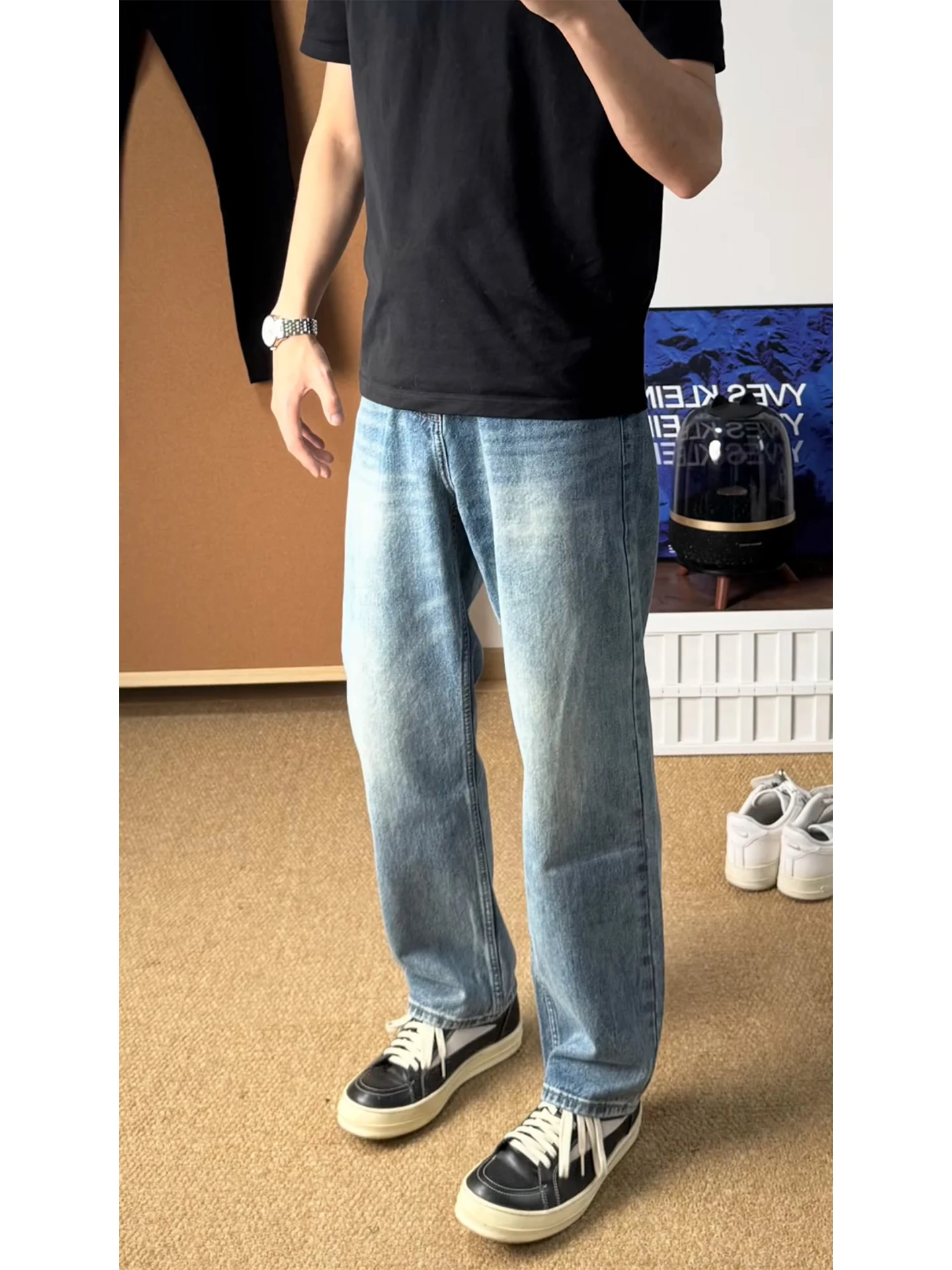 

Waed Blue Slim Straight Jeans Men's Autumn Winter American Vibe Knife Pants Lengthening Leg Effect Micro Flared Pants