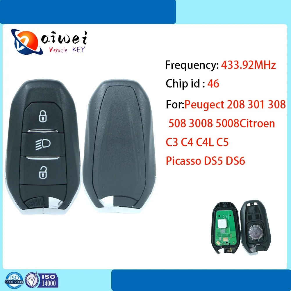 

Original Car Remote Key for Peugeot 408 508 5008 Citroen C4 C4L C5,c3xr,c6 3 Button ID46 433.925Mhz/433Mhz
