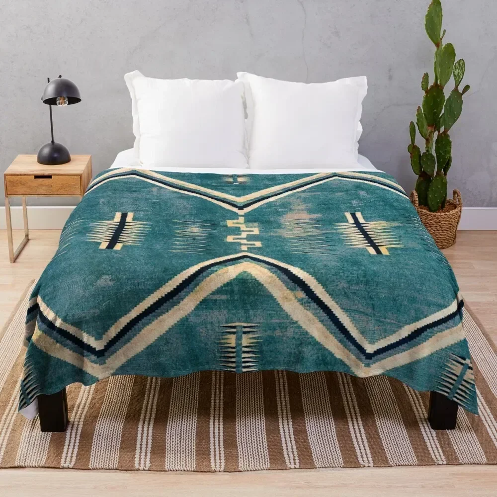 

NATIVE AMERICAN 130 YEAR OLD BLANKET - 2021 COLORIZED - BURNT TURQUIOSE Throw Blanket