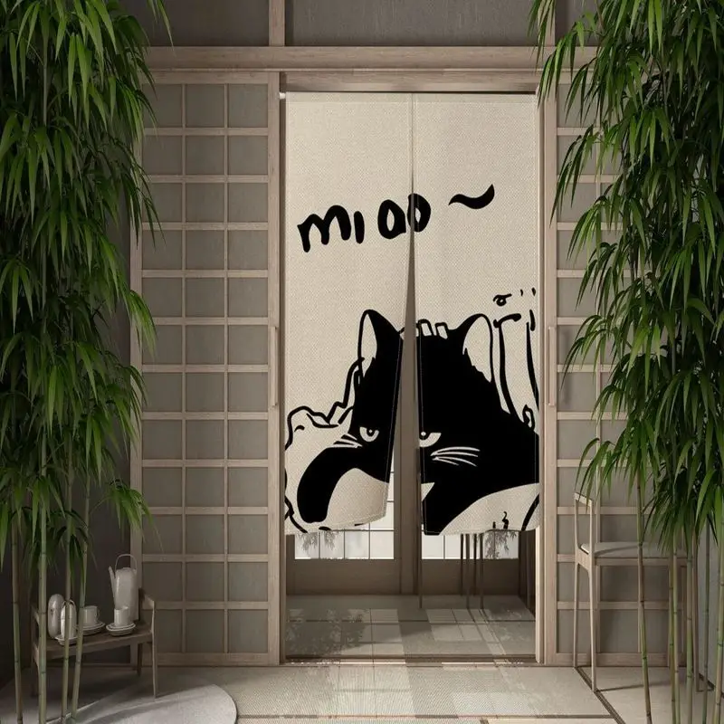 VIKAMA Black White Cartoon Cat Noren Door Curtain Simple Line Kitten Pattern Partition Curtain Home Entrance Decor