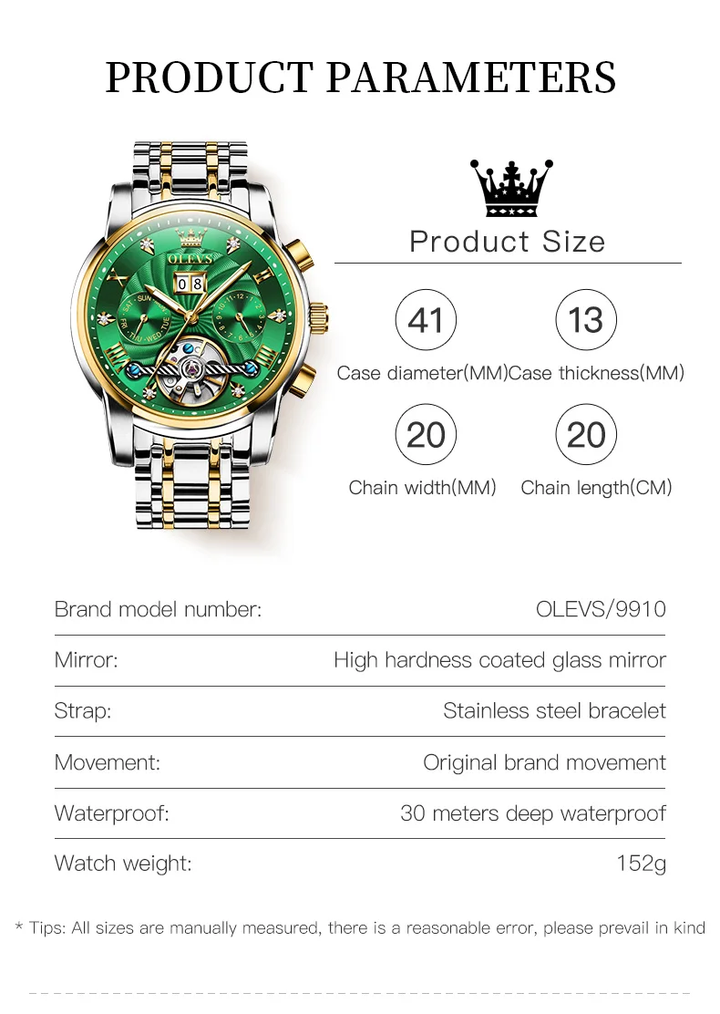 OLEVS 9910 Luxury Clock For Men Automatic Watch Waterproof Stainless Steel Mechanical Luminous Male Wristwatch