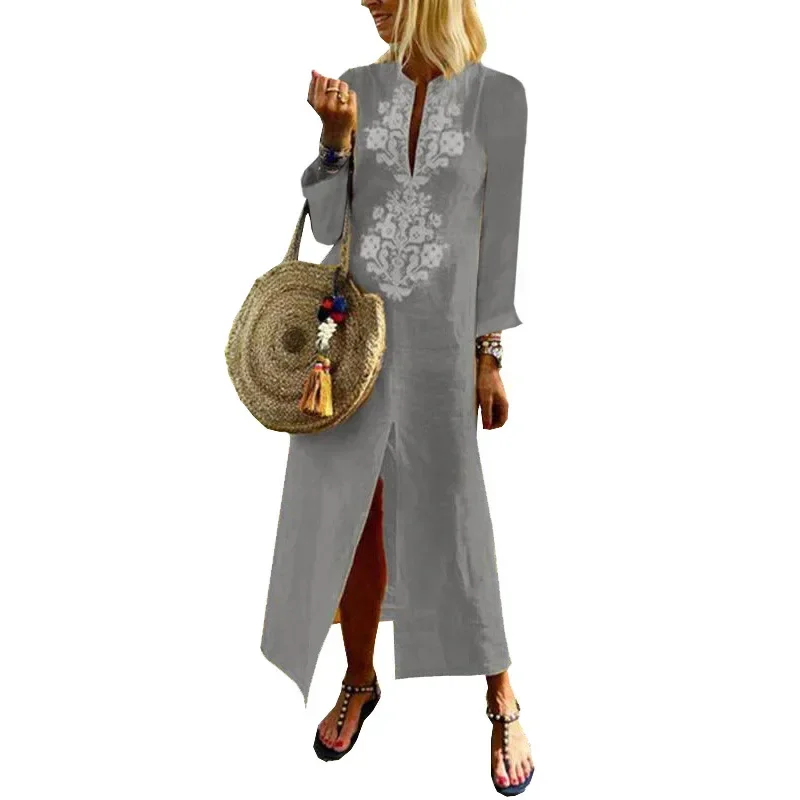 Cotton linen boho holiday dress women Spring casual African dashiki print front slit maxi tunic V neck dress