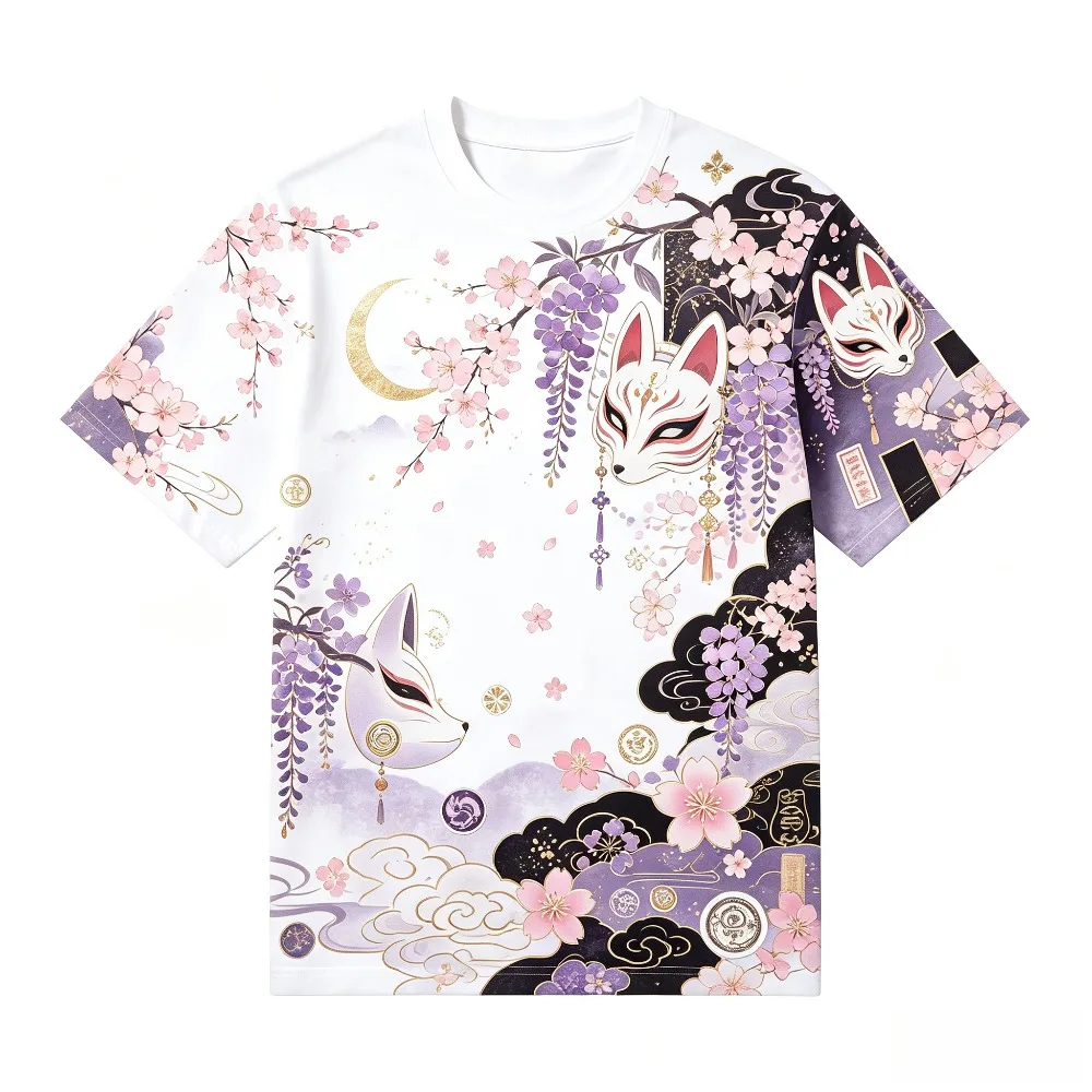 2026 New Cool Men Short Sleeve T‑Shirt Versatile Casual Top 3D Kitsune Sakura Japanese Style Oriental Streetwear Tee