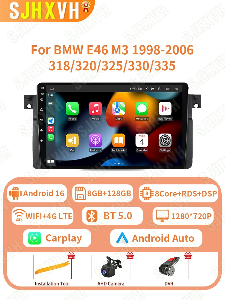 Android 16 9 ''Draadloze Carplay Autoradio Stereo Multimedia Speler voor BMW E46 M3 318 320 325 330 335 1998-2006 Auto Speler - afbeelding 2