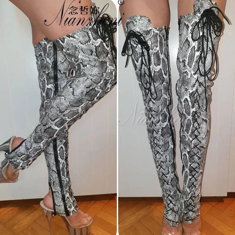 Removable 20cm Lace-Up Over-The-Knee High Heels 8-Inch Platform Peep Toe Snake Skin Sexy Exotic Pole Dance Stripper Shoes