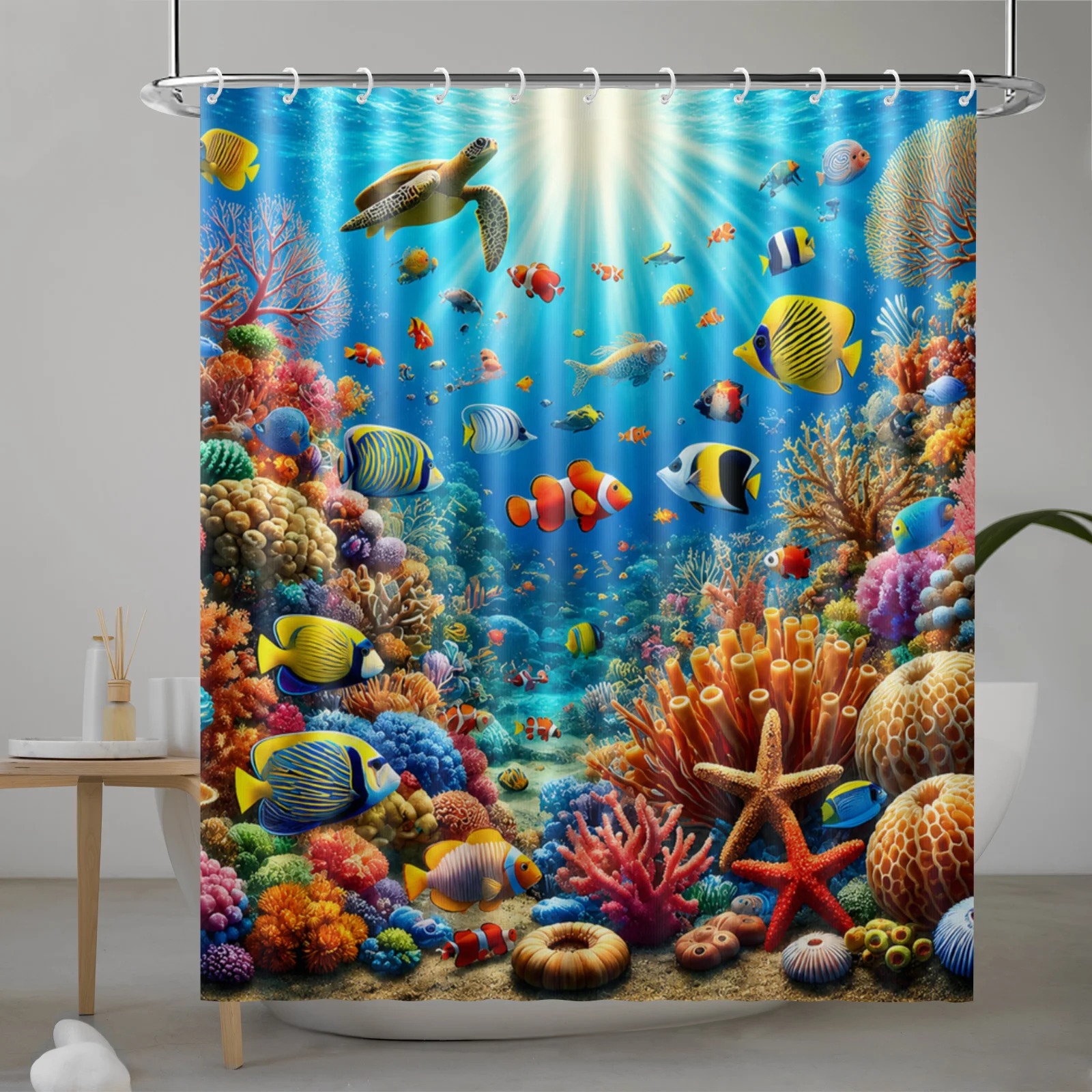 Under The Sea Coral Fish Turtle Shower Curtain with Hook Waterproof Polyester Fabric Bathroom Modern Curtains Decor Bath Room