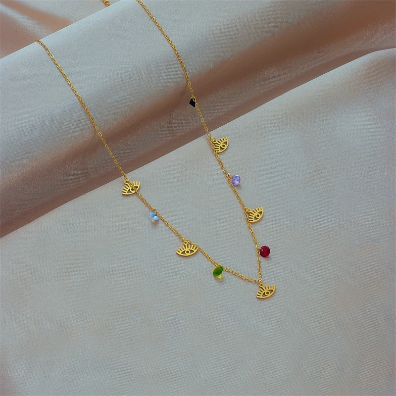 DIEYURO 316L Stainless Steel Colorful Zircon Eye Shape Pendant Necklace For Women New Vintage Girls Clavicle Chain Jewelry Gifts image 3